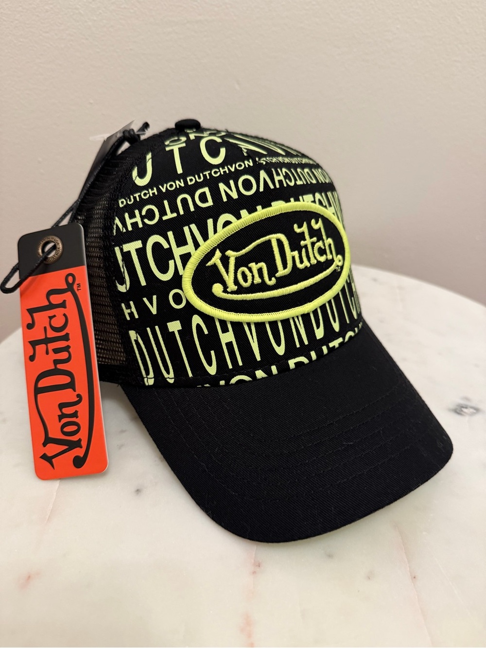 NWT Von Dutch Black Trucker Cap with Neon Green Logo, Mesh, One Size